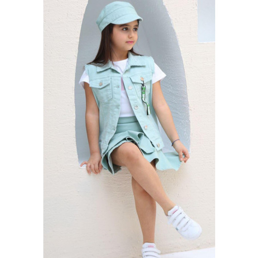 Girls Merci Denim Vest And Skirt 3 Piece Water Green Skirt Set