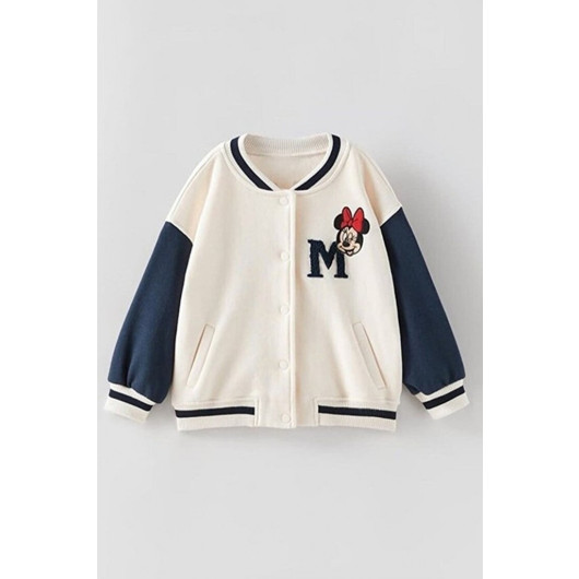 Girls' Button Front Back Detail Mickey College Cardigan