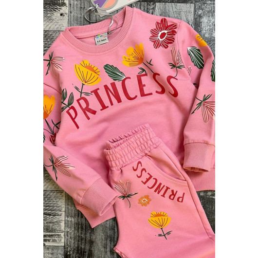 Girls Pink Floral And Princess Tracksuit