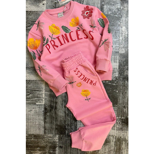 Girls Pink Floral And Princess Tracksuit