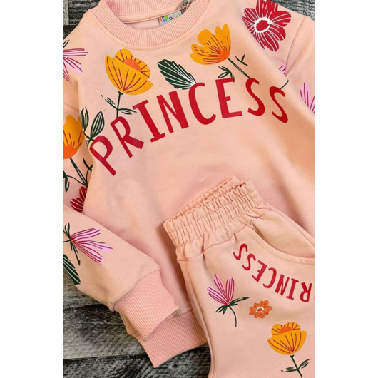 Girls Pink Floral And Princess Tracksuit