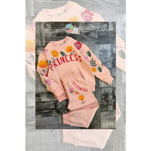 Girls Pink Floral And Princess Tracksuit