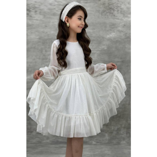 Girls Tulle Dress With Shiny White Transparent Sleeves