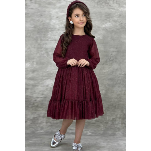 Girls Tulle Dress With Sheer Burgundy Sleeves