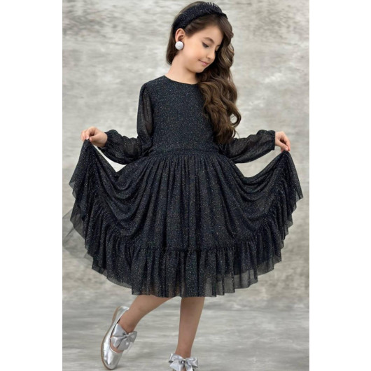Girls Black Shiny Sheer Sleeved Tulle Dress