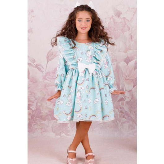 Girls Unicorn Printed Sleeve Ruffled Embroidered Blue Dress Age 3 And 12