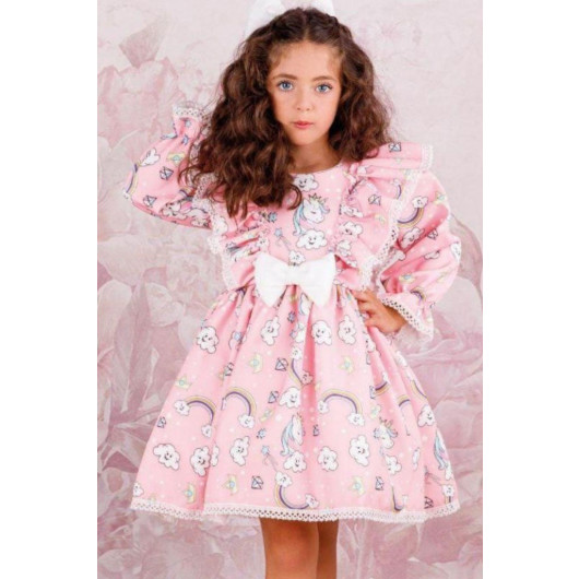 Girls Unicorn Printed Sleeve Ruffled Embroidered Pink Dress Age 3 And 12