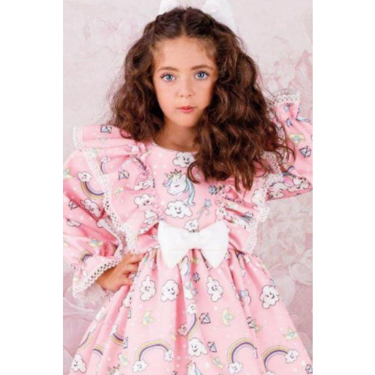 Girls Unicorn Printed Sleeve Ruffled Embroidered Pink Dress Age 3 And 12