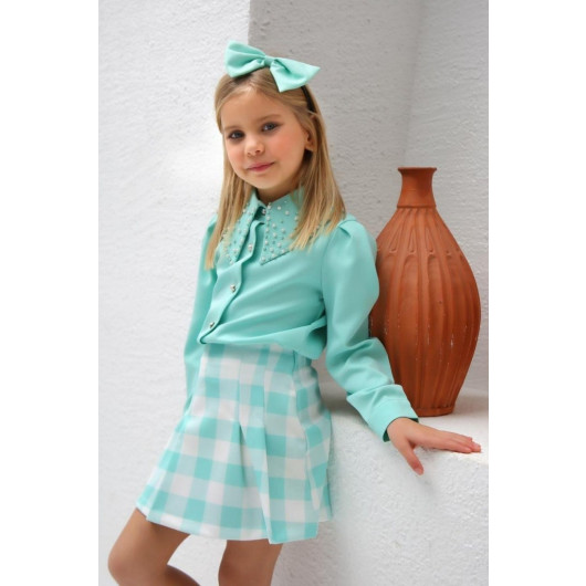 Girl Child Collar Pearl Detailed Long Sleeve Shirt Checked Patterned Turquoise Skirt Suit