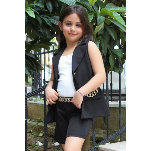 Girls Chain And Button Detailed Fake Pocket Black Shorts Suit