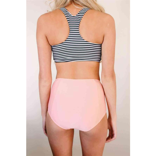 Markano Bottoms Pink Top Striped High Waist Tankini Bikini Set