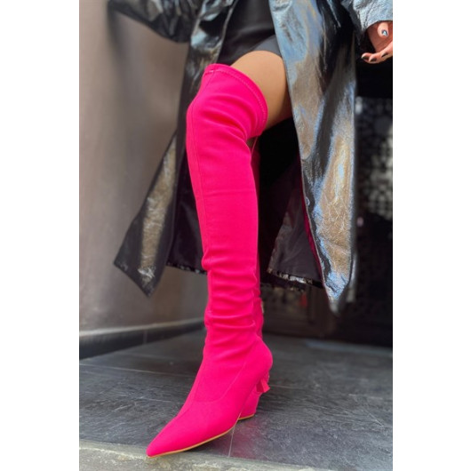 Belenda Fuchsia Matte Stretch Women's Above Knee Heeled Boots