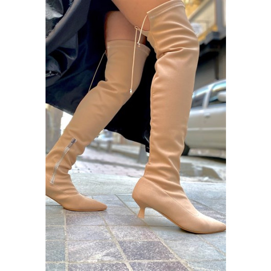 Belenda Nude Matte Stretch Women's Above Knee Heeled Boots