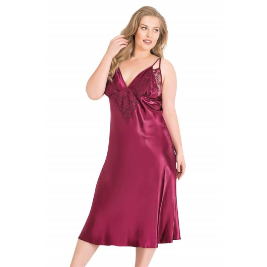 Markano Large Size Claret Red Long Double Satin Dressing Gown And Nightgown Set