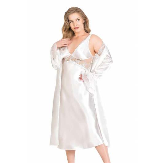 Markano Large Size Ecru Long Double Satin Dressing Gown And Nightgown Set