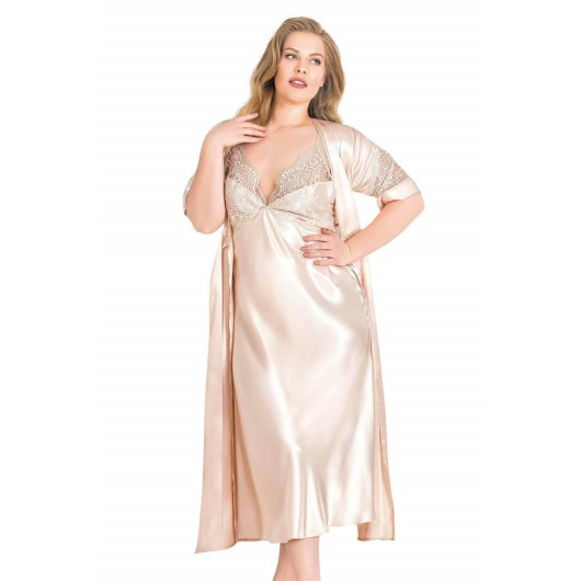 Markano Large Size Ivory Long Double Satin Dressing Gown And Nightgown Set