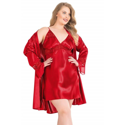 Markano Large Size Red Short Double Satin Dressing Gown And Nightgown Set