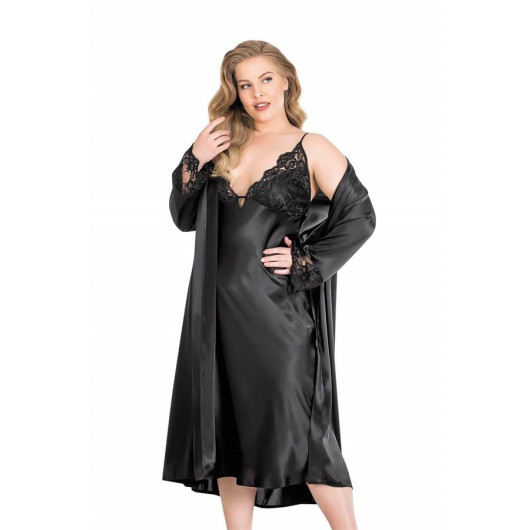 Markano Large Size Black Long Double Satin Dressing Gown And Nightgown Set