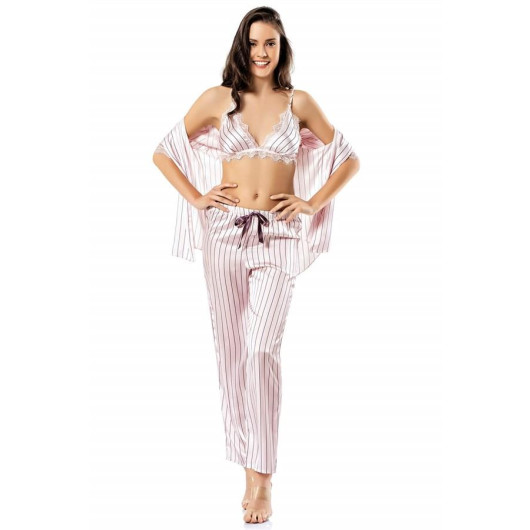 Markano Striped Bustier Pink Triple Satin Nightgown Pajamas Set