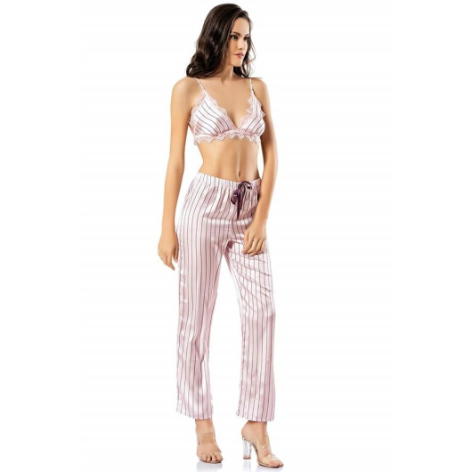 Markano Striped Bustier Pink Triple Satin Nightgown Pajamas Set