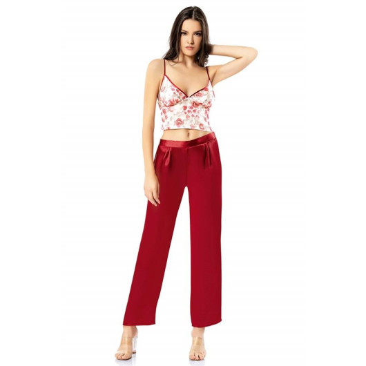 Markano Patterned Bustier Claret Red Triple Satin Nightgown Pajamas Set