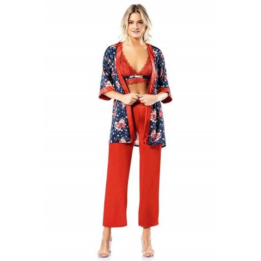 Markano Patterned Bustier Tile Triple Satin Dressing Gown, Nightgown Pajamas Set