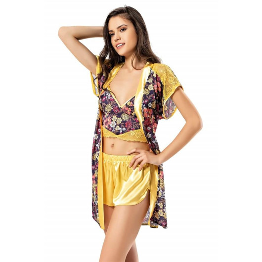 Markano Patterned Bustier Yellow Triple Satin Babydol Shorts Set