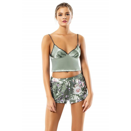 Markano Patterned Bustier Water Green Triple Satin Babydol Shorts Set