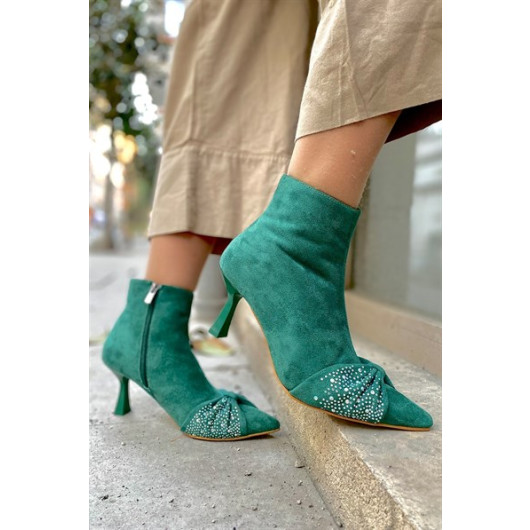 Faith Women's Green Suede Stone Heeled Boots