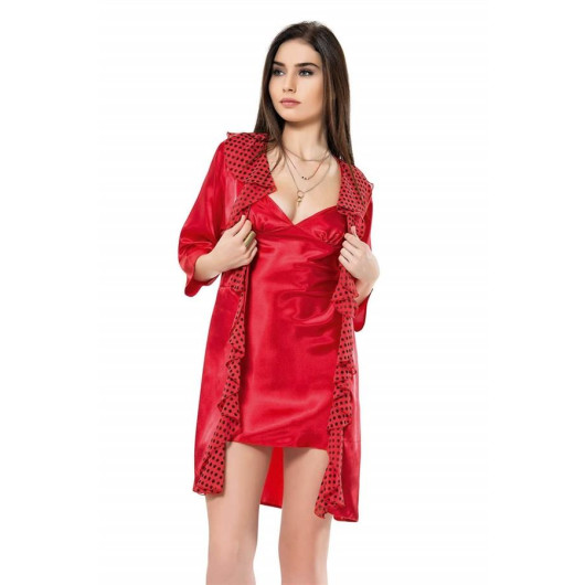 Markano Red Short Double Satin Dressing Gown And Nightgown Set
