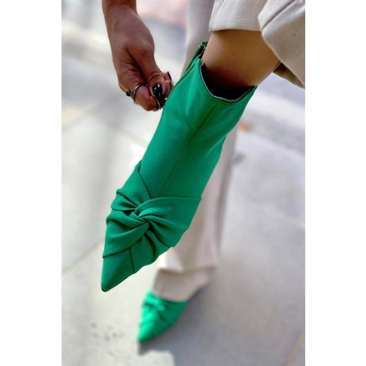 Lucia Green Matte Satin Pleated Women's Heeled Boots