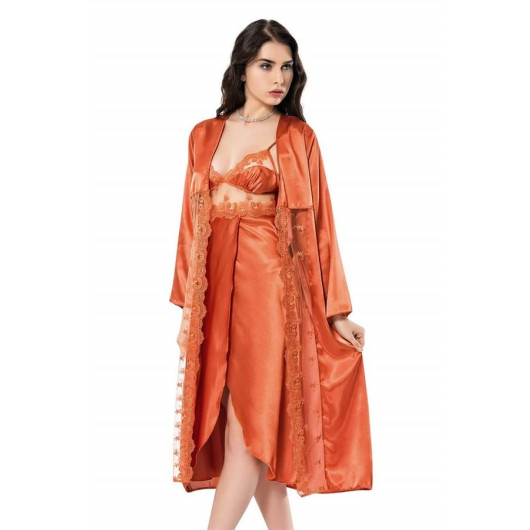 Markano Orange Long Double Satin Dressing Gown And Nightgown Set