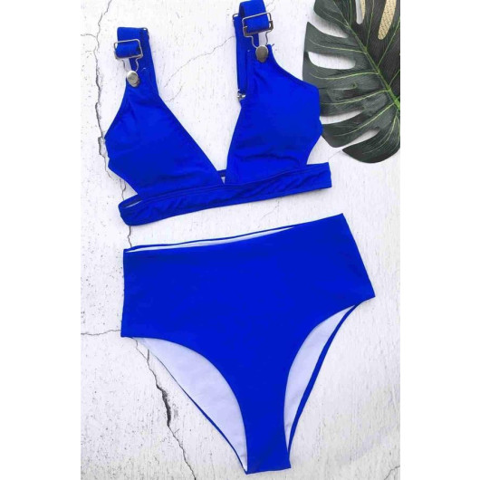 طقم لباس سباحة بيكيني أزرق بخصر عالي قطعتين