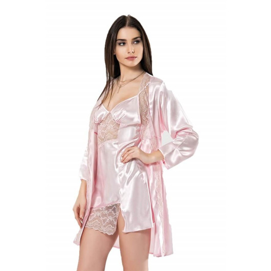 Markano Pink Short Double Satin Dressing Gown And Nightgown Set