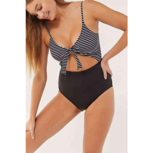Markano Black And White Striped High Waist Swimsuit