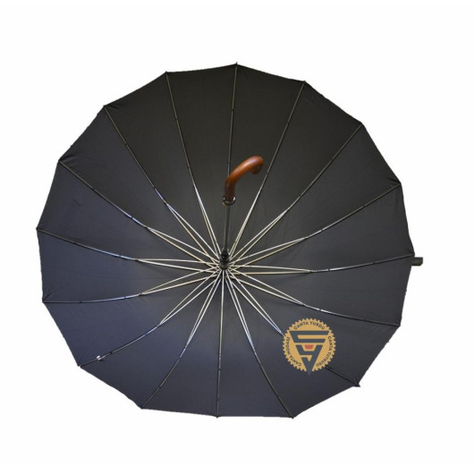 مظلة سوداء بمقبض خشب مدعمة ب 16 سلك