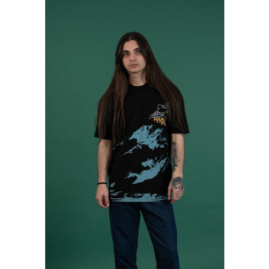 Oversized Printed Zero Collar Men's Combed Combed T-Shirt