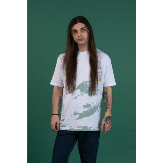 Oversized Printed Zero Collar Men's Combed Combed T-Shirt