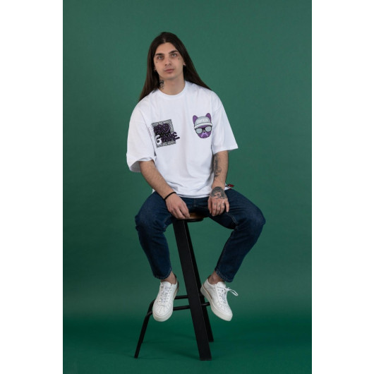 Oversized Printed Zero Collar Combed Men's T-Shirt