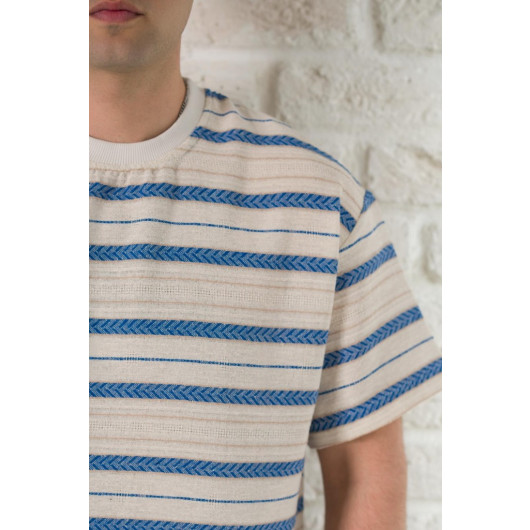 Oversized Cycle Collar Striped Linen Summer T-Shirt