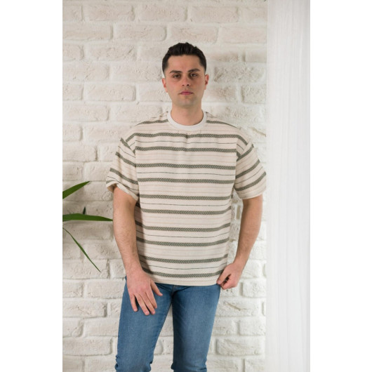 Oversized Cycle Collar Striped Linen Summer T-Shirt