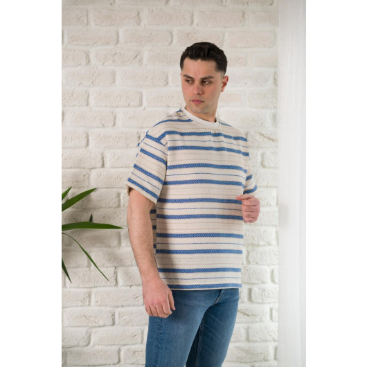 Oversized Cycle Collar Striped Linen Summer T-Shirt