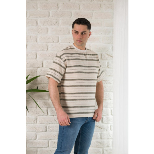 Oversized Cycle Collar Striped Linen Summer T-Shirt