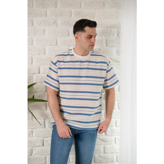 Oversized Cycle Collar Striped Linen Summer T-Shirt