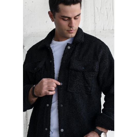 Double Pocket Plush Men's Shirt With Oversized Snap Closure