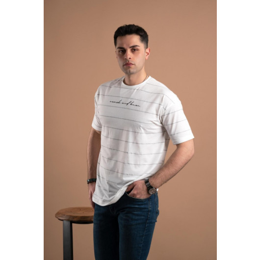 Oversized Striped Zero Collar Men's Combed Combed T-Shirt