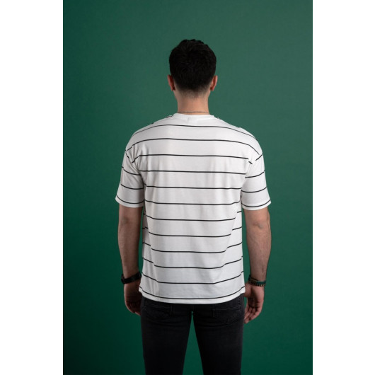 Oversized Striped Zero Collar Men's Combed Combed T-Shirt