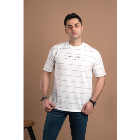 Oversized Striped Zero Collar Men's Combed Combed T-Shirt