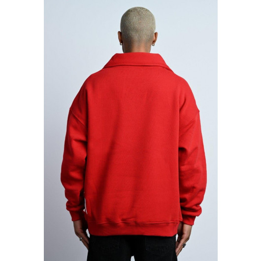 Oversized Zipper Collar Kangaroo Pocket Inner Fleece 3 Thread Men's Sweatshirt