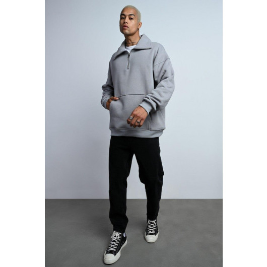 Oversized Zipper Collar Kangaroo Pocket Inner Fleece 3 Thread Men's Sweatshirt